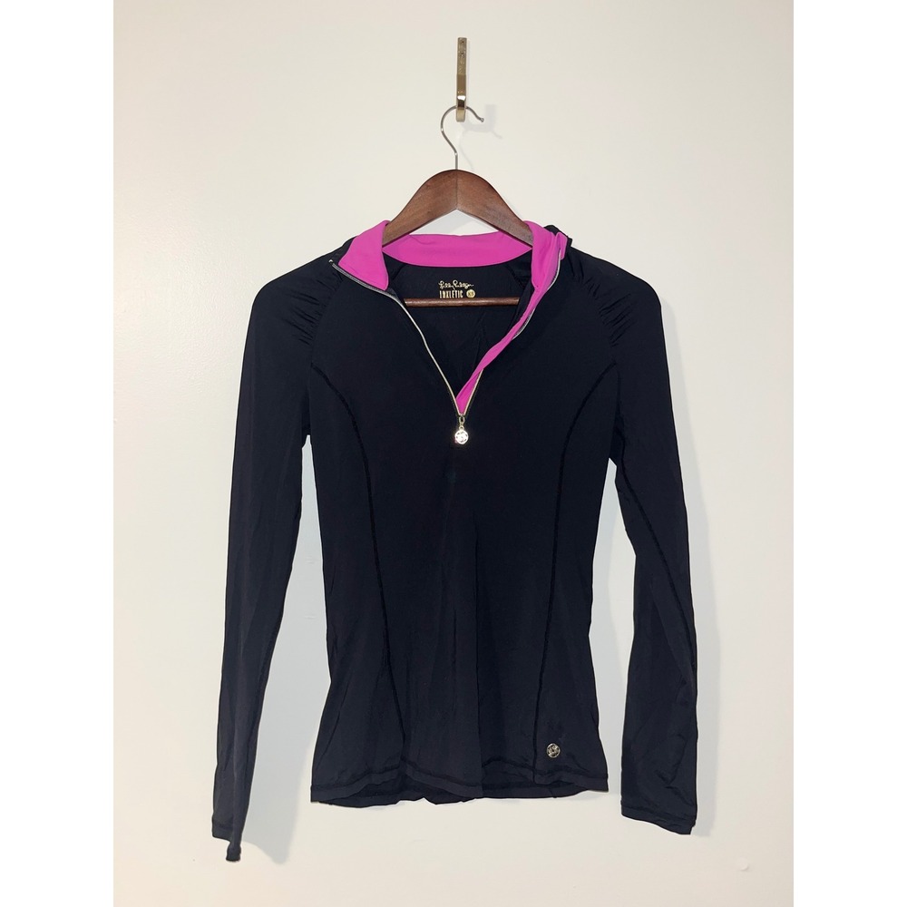 Lily Pulitzer Justine UPF 50+ Luxletic ¼  Zip Pullover‎ Black Onyx Pink Contrast